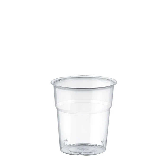 Clear plastic cup on a white background