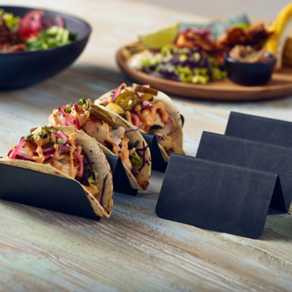 taco stands displaying food