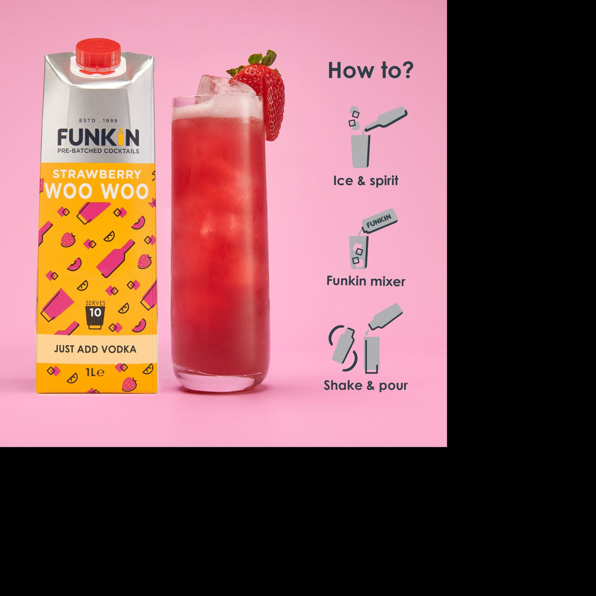 carton of Bunin strawberry woo woo with a tall drink