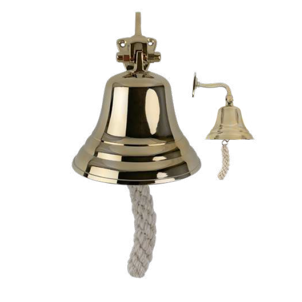 A brass bell with a rope handle, designed for wall mounting, typically used in bars or restaurants to signal last orders.