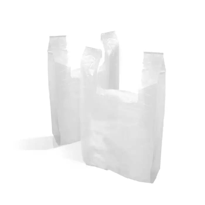Three white plastic vest carrier bags designed for take-away food service.