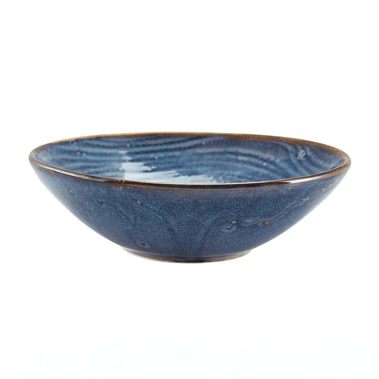 Aqua Blue organic shaped porcelain bowl with a rolled edge and unique glaze, on a plain background.