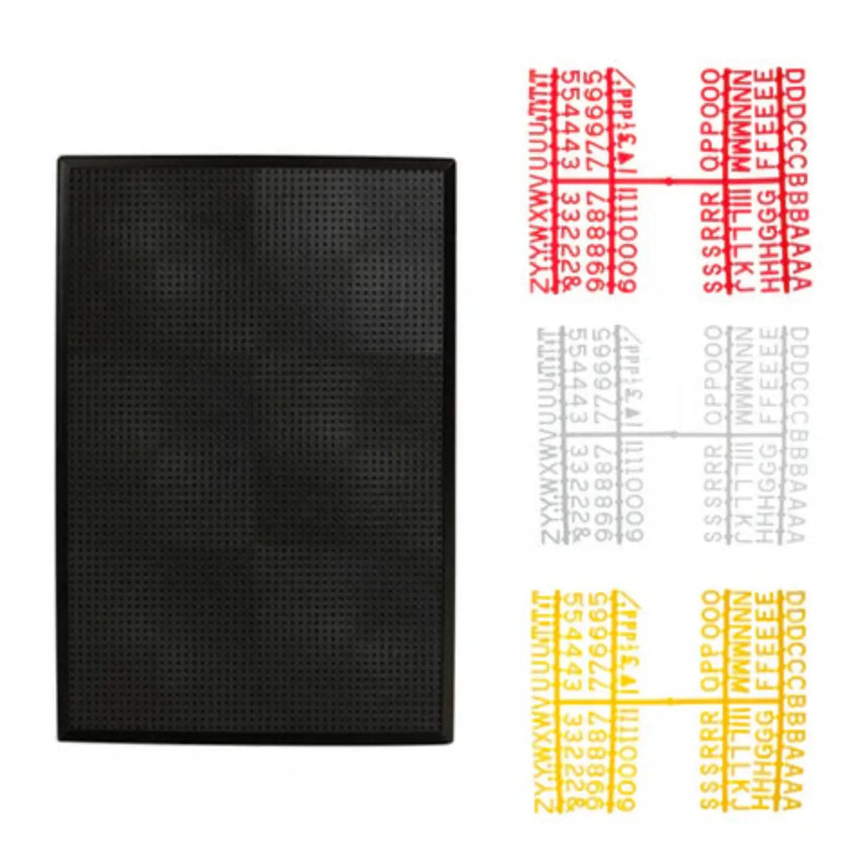 black peg set with yellow, whit eand red letters and numbers