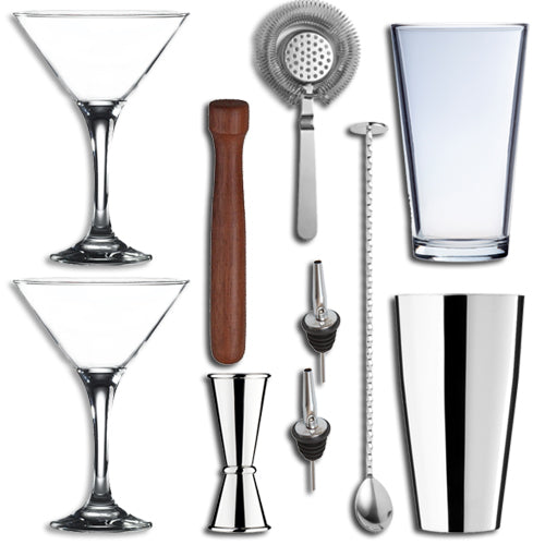 A 10-piece cocktail set including two martini glasses, a jigger, a Boston cocktail shaker and its glass, a wooden muddler, a cocktail mixing spoon, and two stainless steel freeflow pourers.
