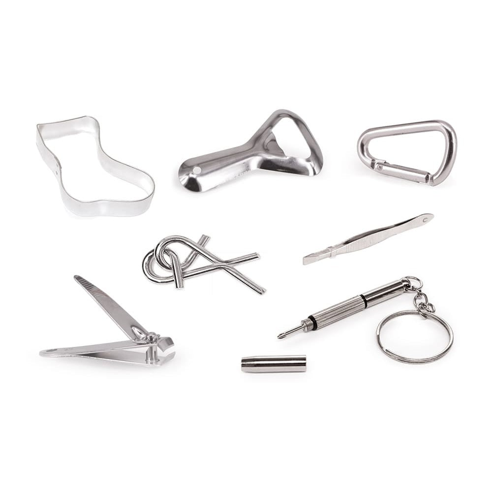 Collection of silver metal tools and keychain on a white background