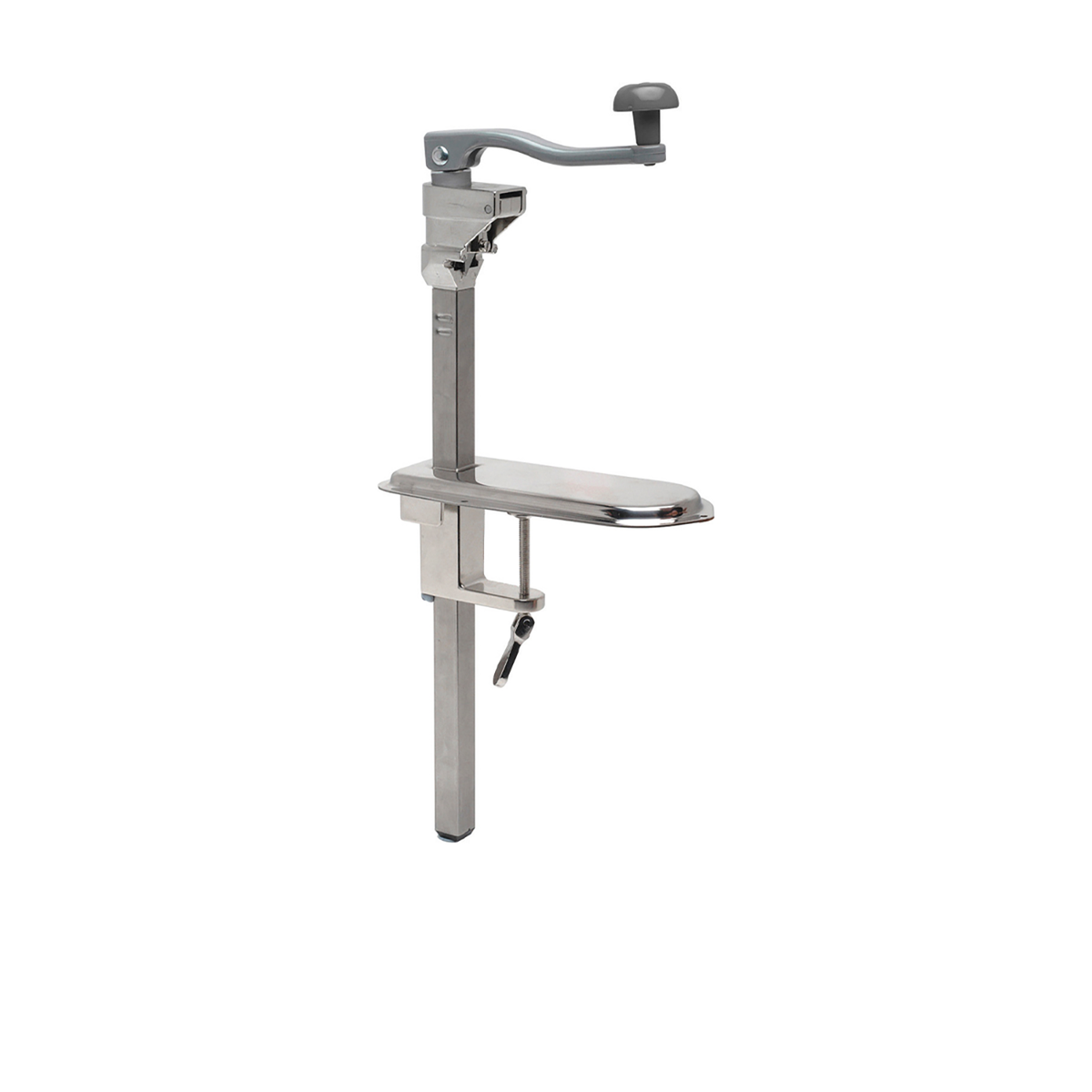 A stainless steel catering can opener with a secure grip handle and a clamp or bolt for fixing to a work surface.