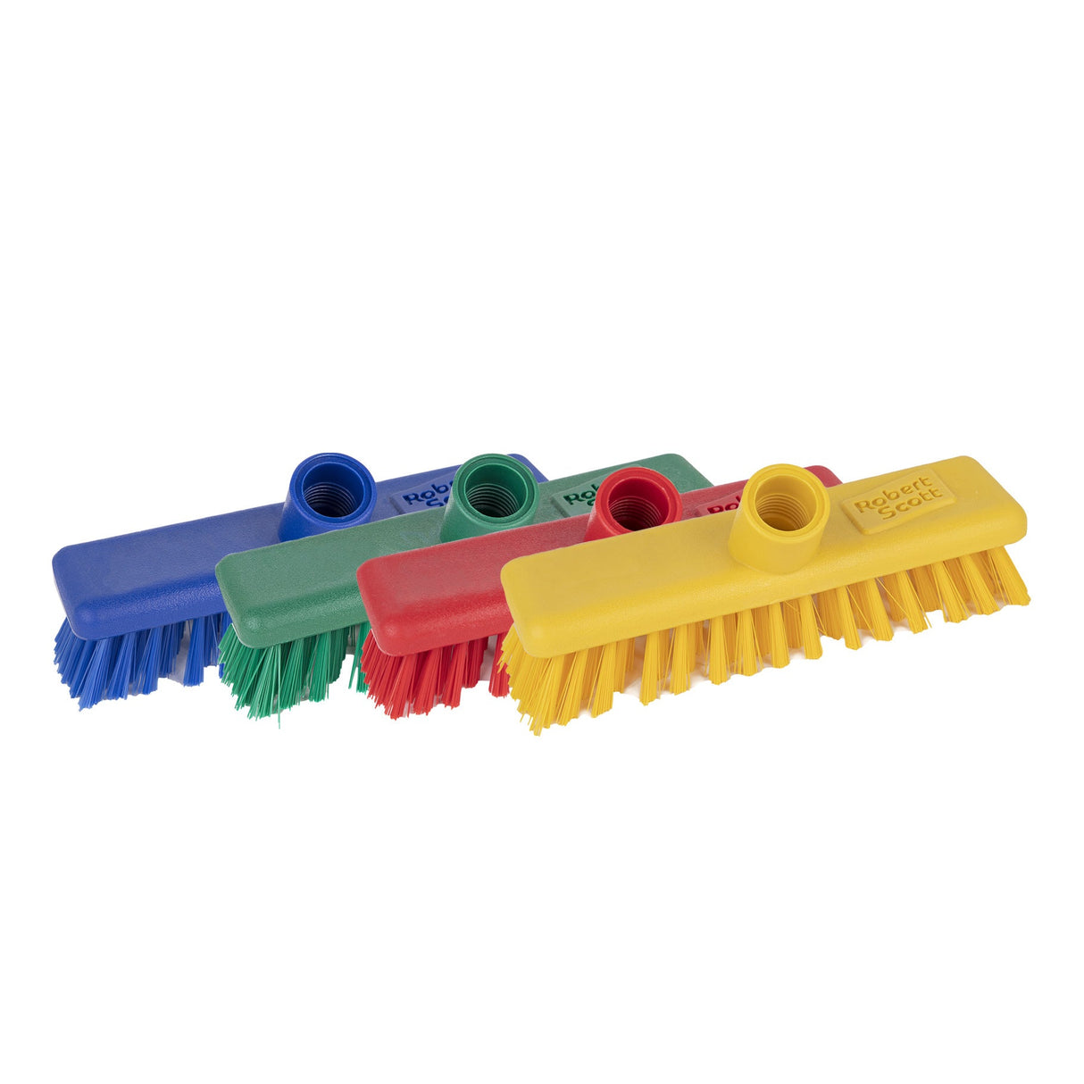Four colorful brushes with scrubbing pads on a white background