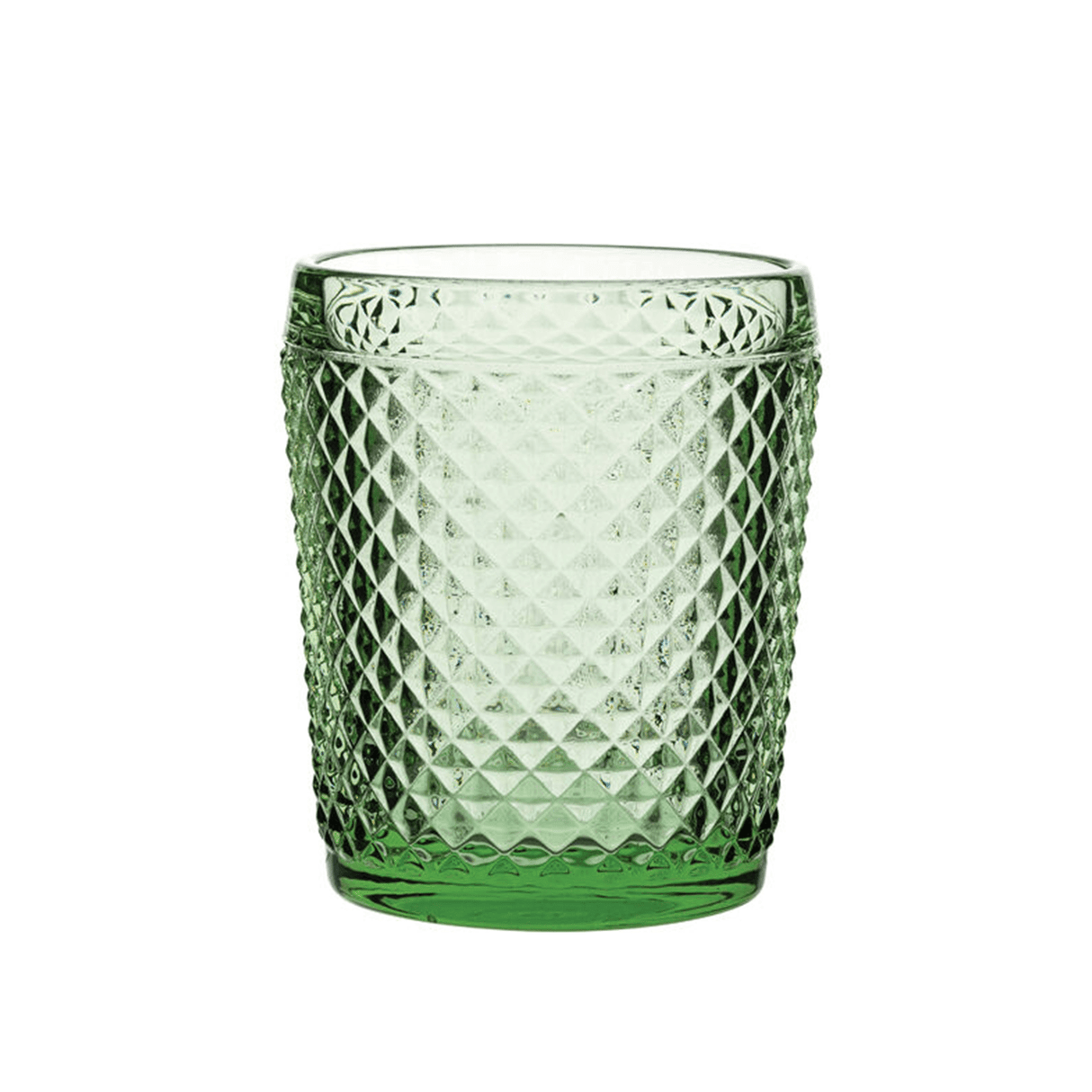 Green textured glass tumbler on a white background