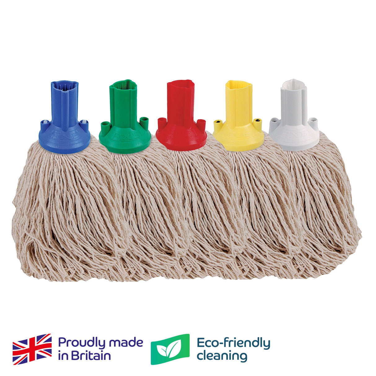 Mop head with colorful attachments on a white background, featuring 'Proudly made in Britain' and 'Eco-friendly cleaning' logos.