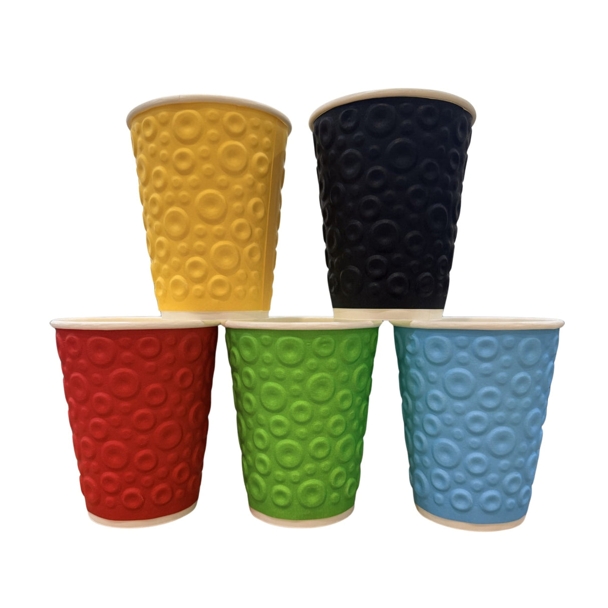 Five textured paper cups in red, green, blue, and black, with one yellow cup standing behind them, on a plain white background.