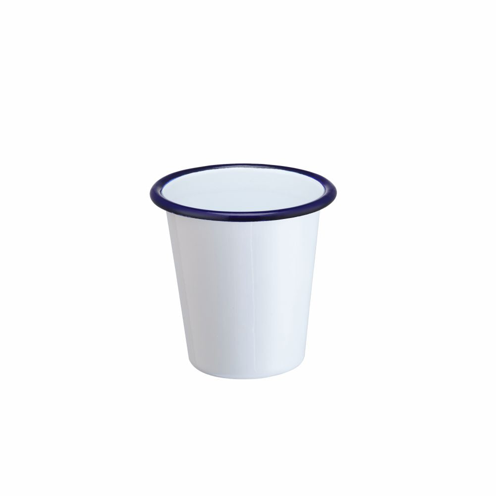 White enamel cup with a blue rim on a white background