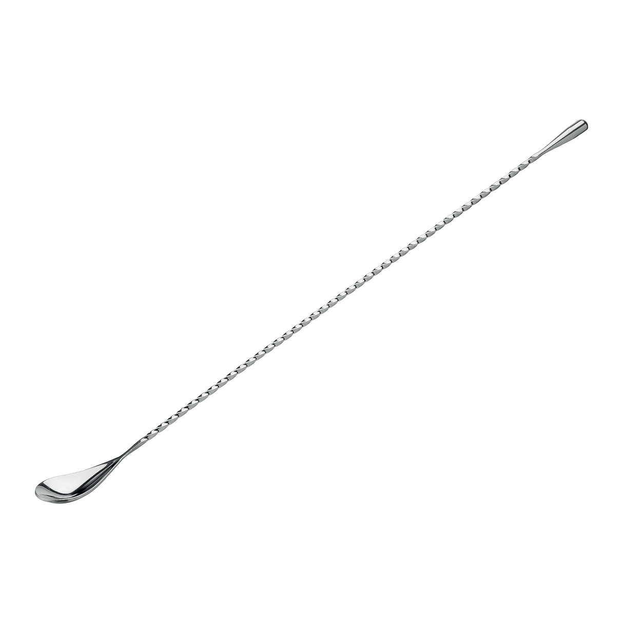 An extra long silver teardrop cocktail mixing spoon with a twisted stem.