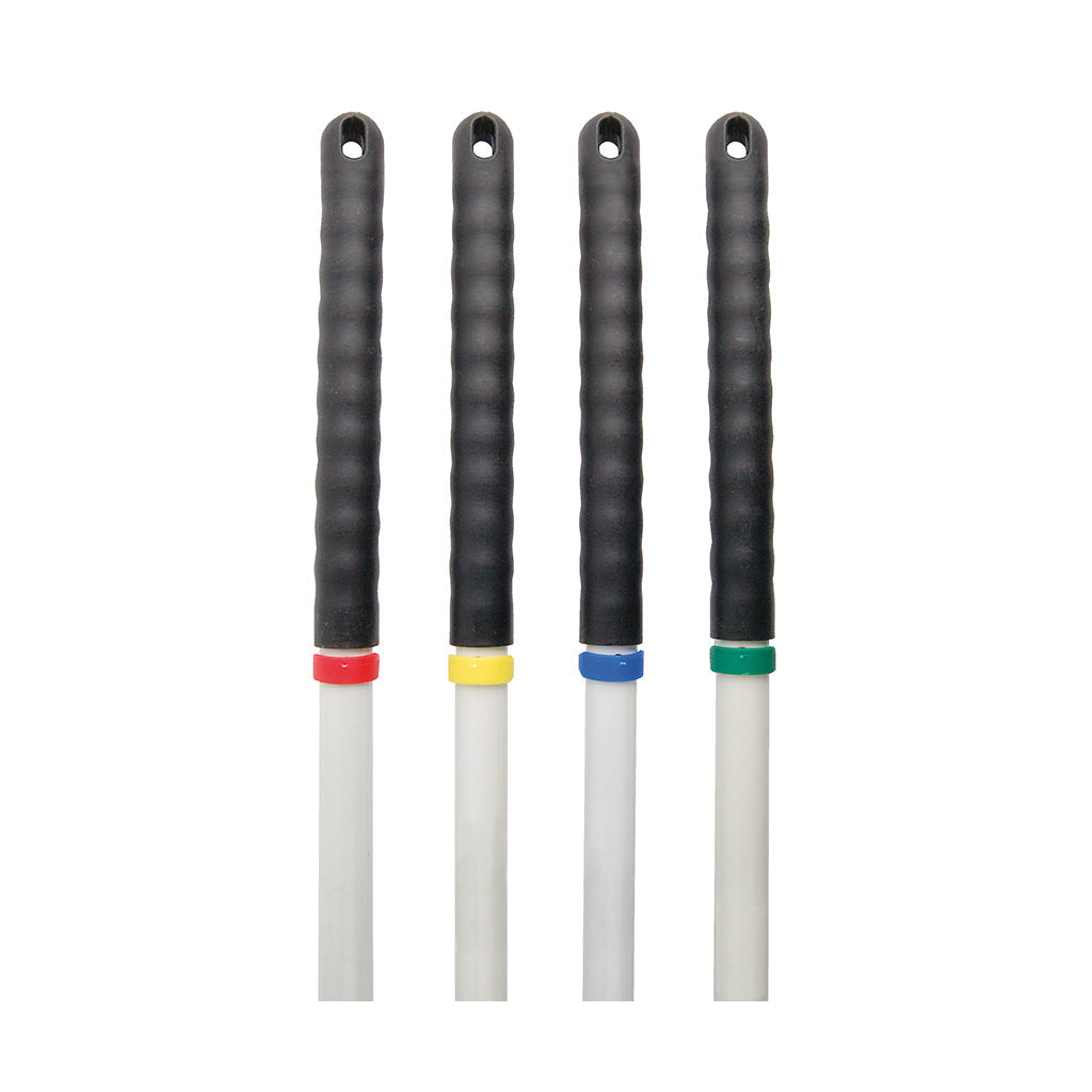 Four black-handled tools with colorful accents on a white background