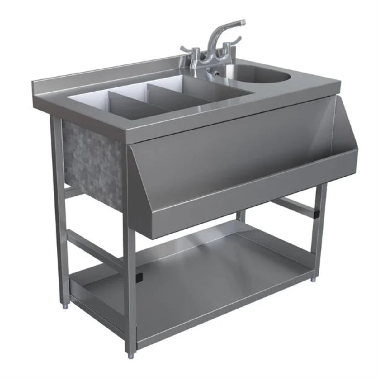 Stainless steel sink with faucet on a white background
