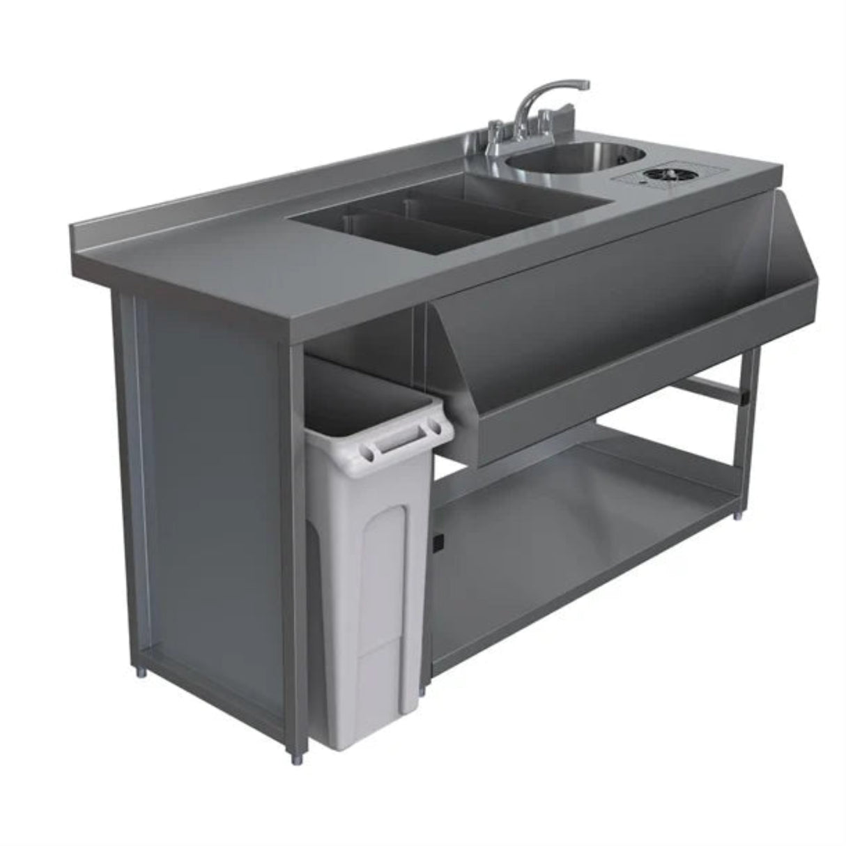stainless steel kitchen sink unit with a trash bin on a white background