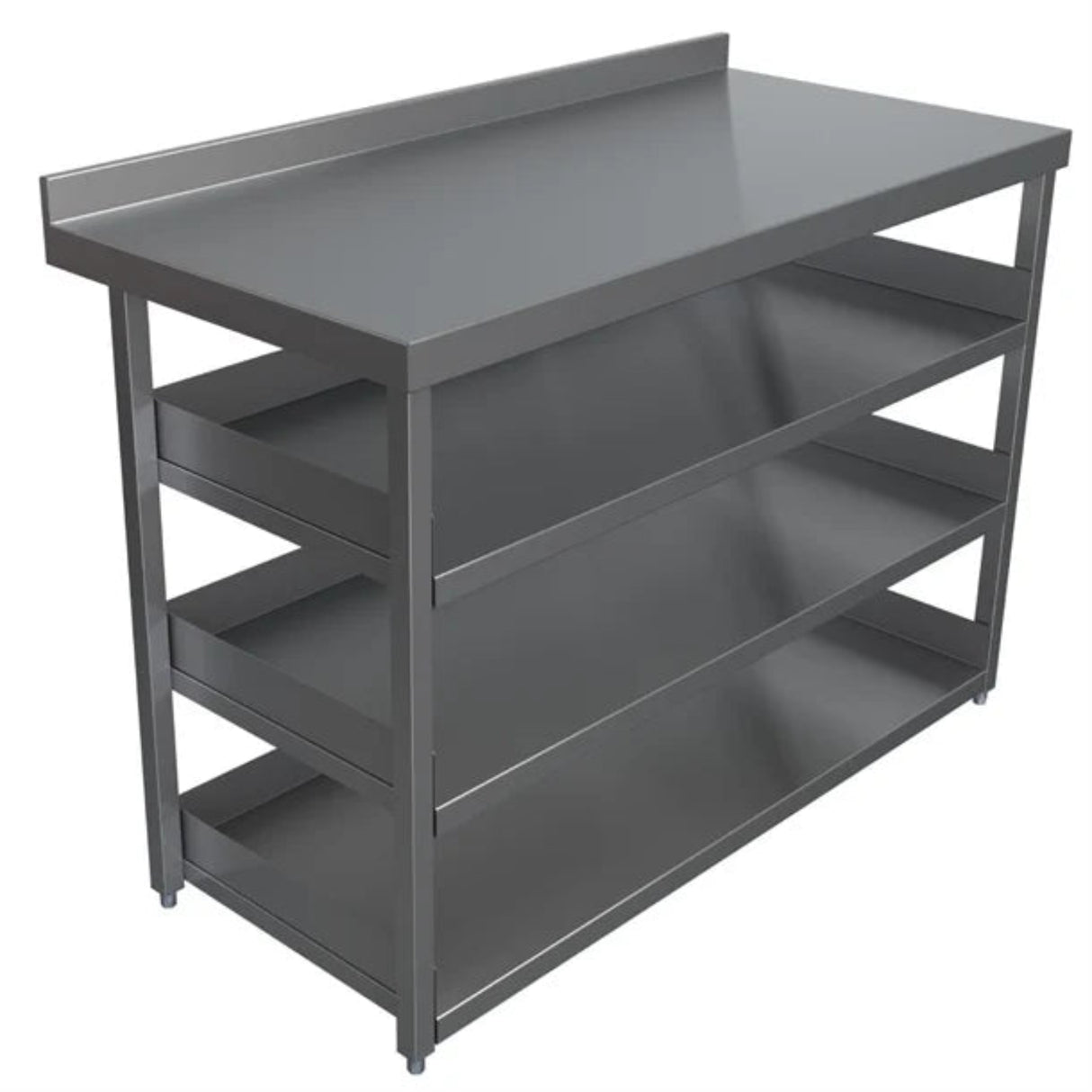 Gray metal workbench with shelves on a white background