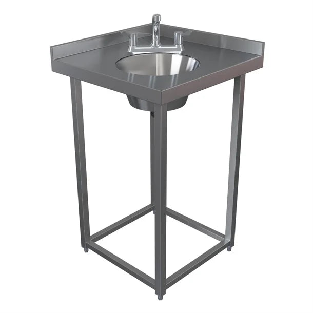 Stainless steel sink on a stand with a white background