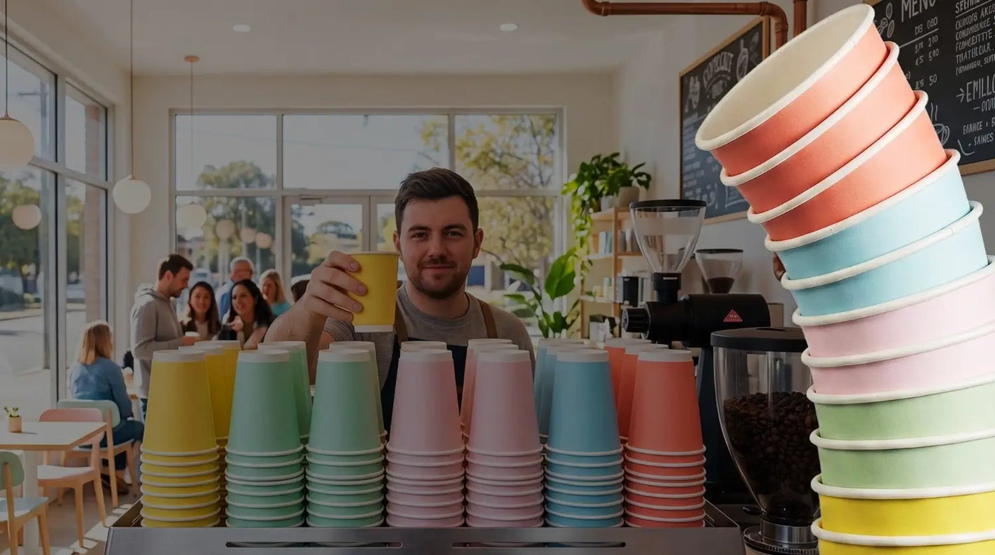 Man holding a colorful cup amidst stacks of similar cups in a cafe setting