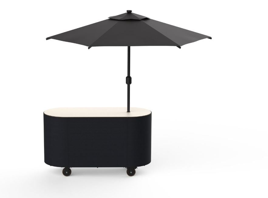 A modern outdoor cart with a black canopy umbrella mounted on top, featuring a dark gray body, a light beige top surface, and small black wheels, shown on a white background.