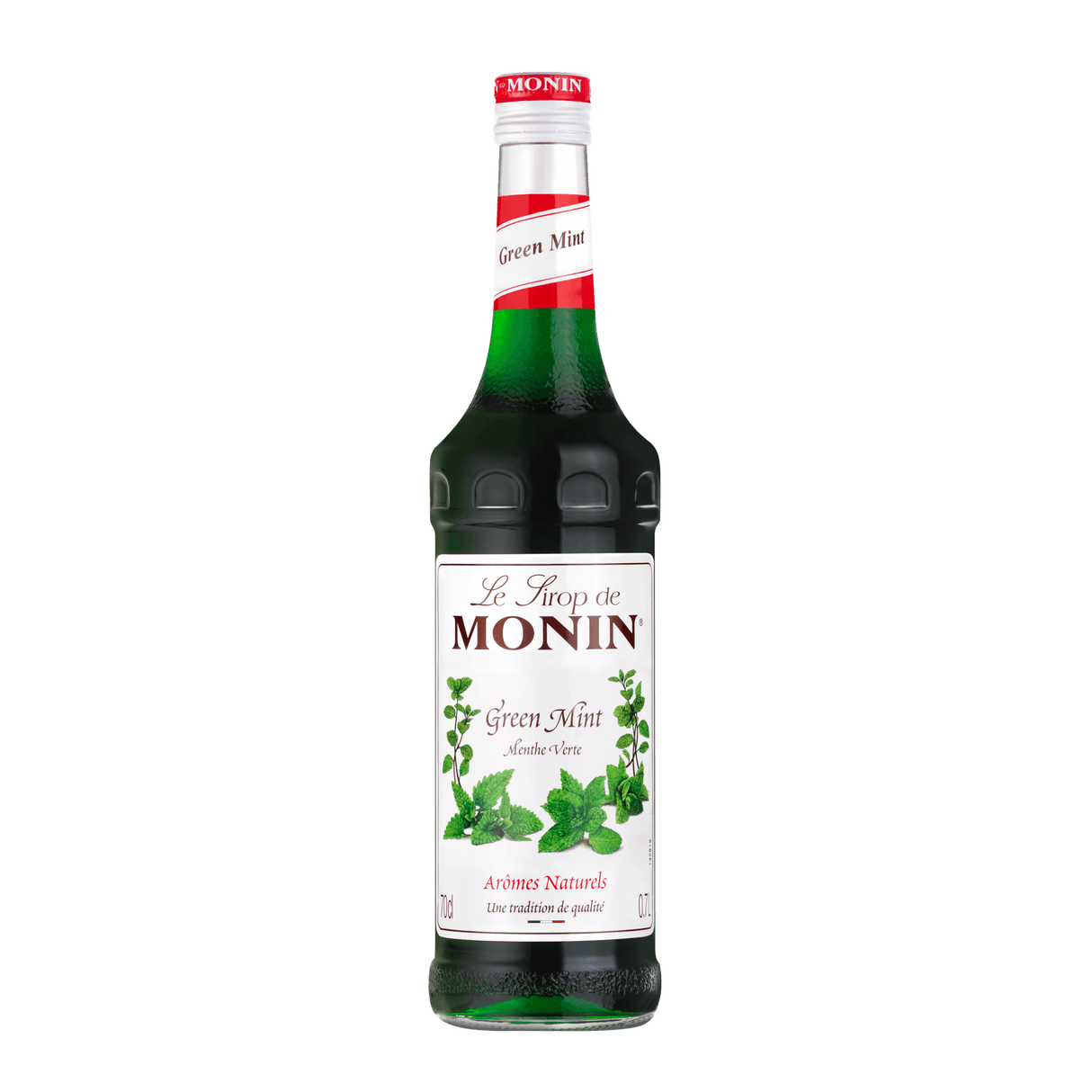 A 700ml glass bottle of Monin Mint (Green) Syrup with a label showing the brand name, product name, and an image of mint leaves.