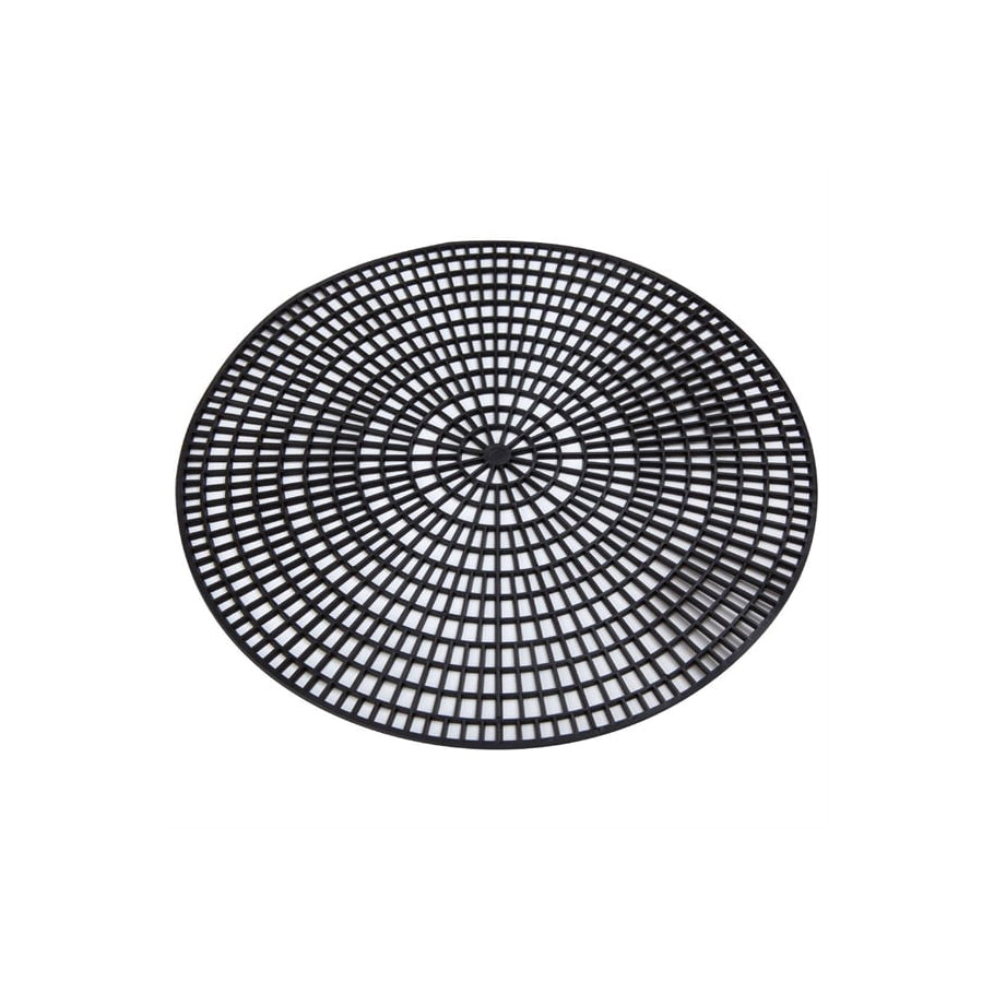 A circular black non-slip plastic mat with a textured pattern designed for use under a 14-inch round tray.