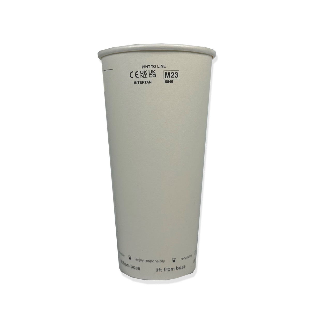 A recyclable paper pint cup with 'PINT TO LINE' and measurements marked on the side in a gray color.