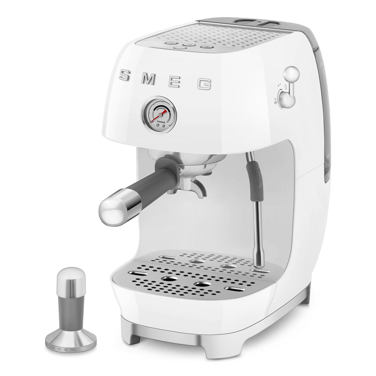 White espresso machine with Smeg logo on a white background