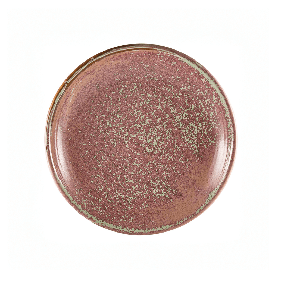 Round ceramic plate with speckled glaze on a white background