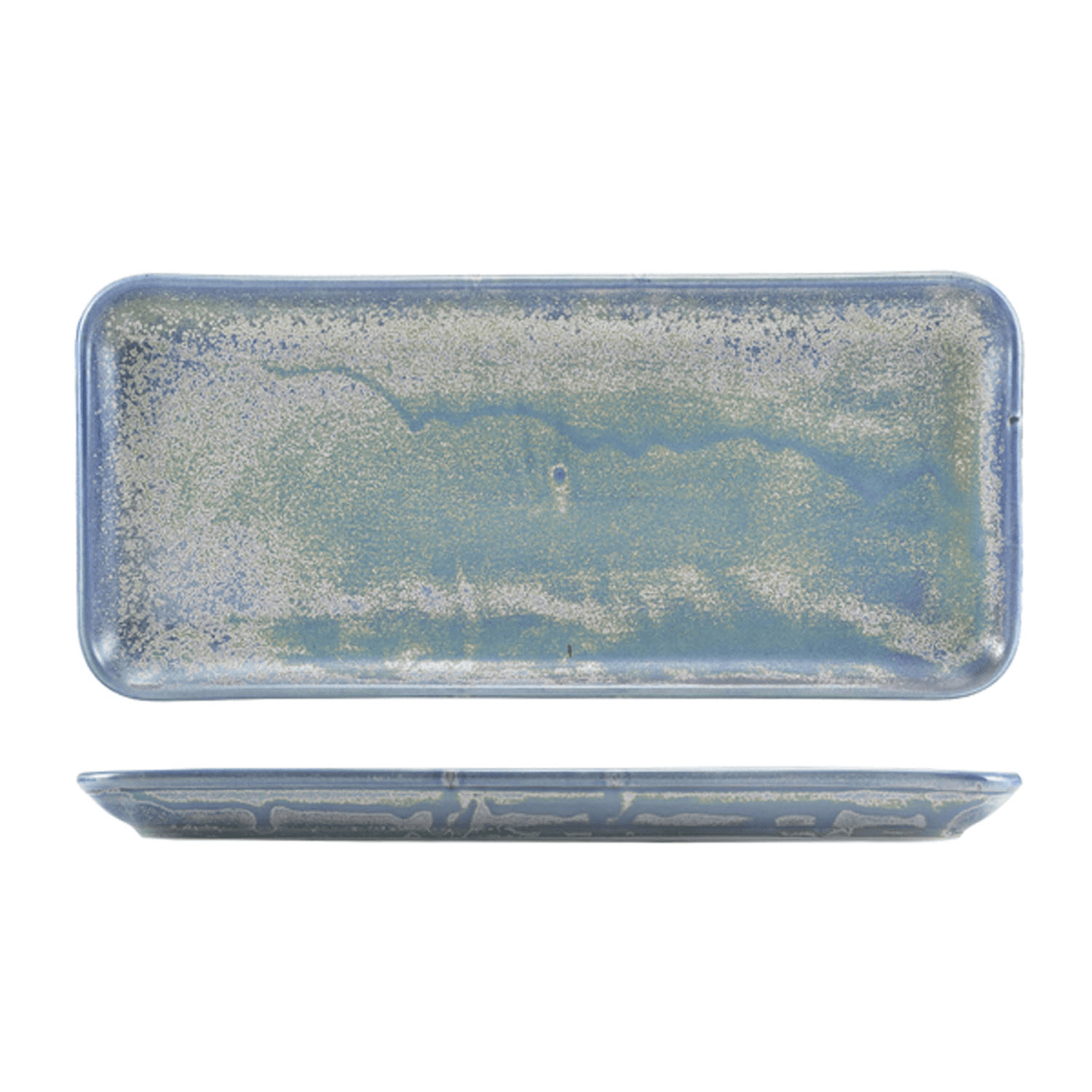 Rectangular ceramic tray with blue and white speckled glaze on a white background