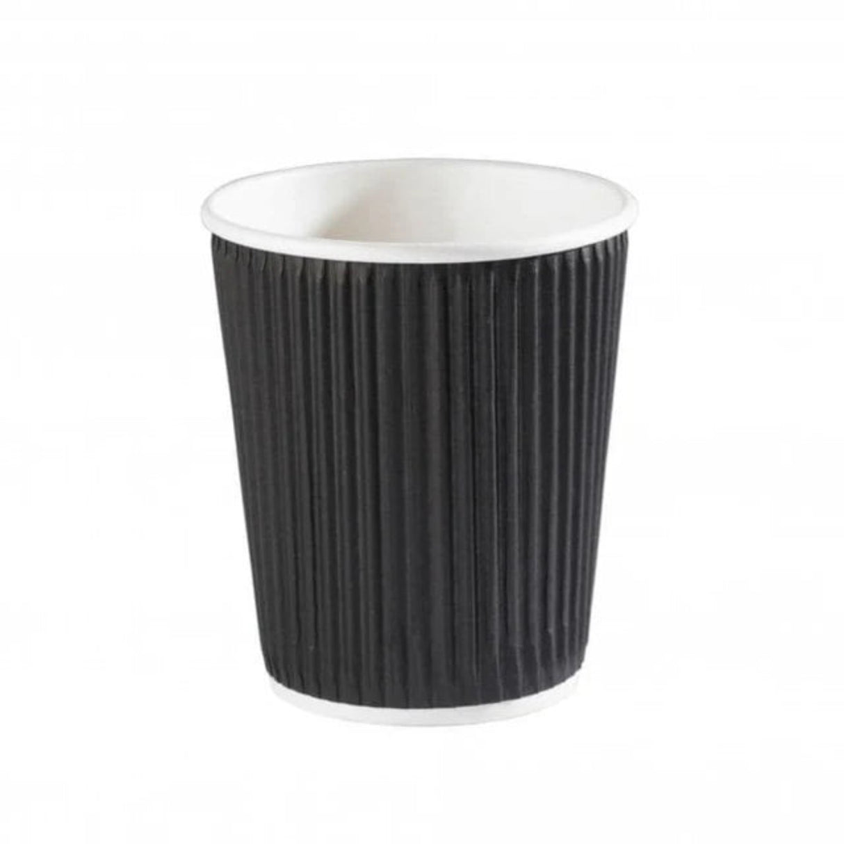 Black ribbed paper cup with white interior on a white background