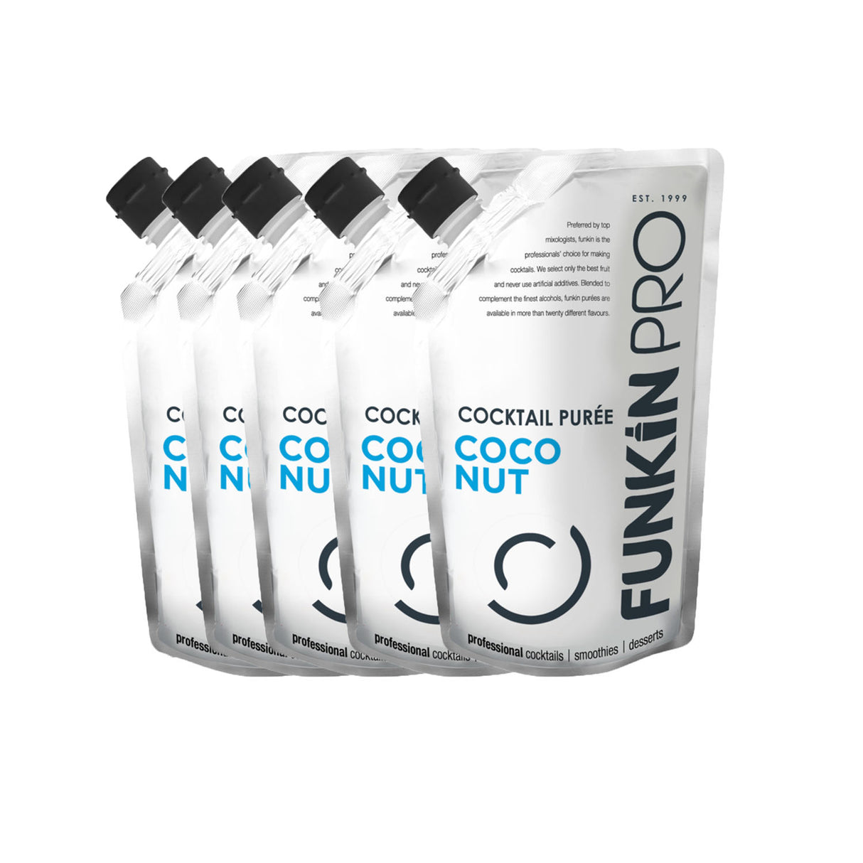 Five pouches of Funkin Coconut Puree, each labeled 1kg, arranged in a row against a white background.