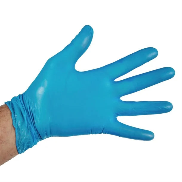 Blue vinyl glove on a white background