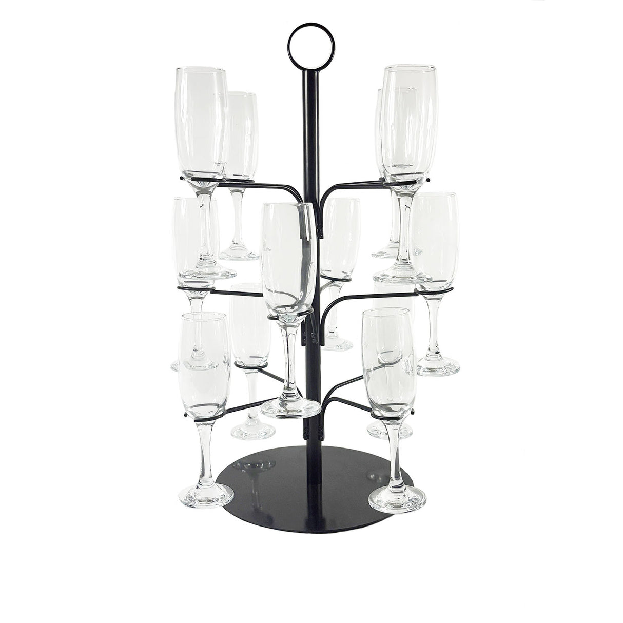 A black cocktail tree stand with multiple arms, each holding a clear glass, designed to display various cocktails.
