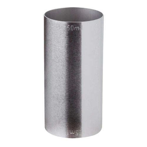 A stainless steel jigger with dual 25ml and 50ml measure markings.