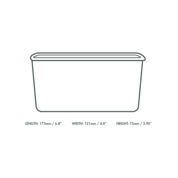 Line drawing of a rectangular container with dimensions labeled