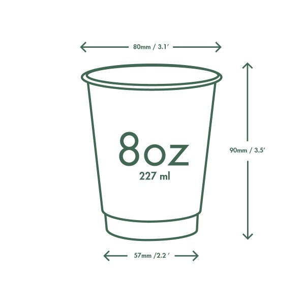 8 oz cup with dimensions labeled on a white background