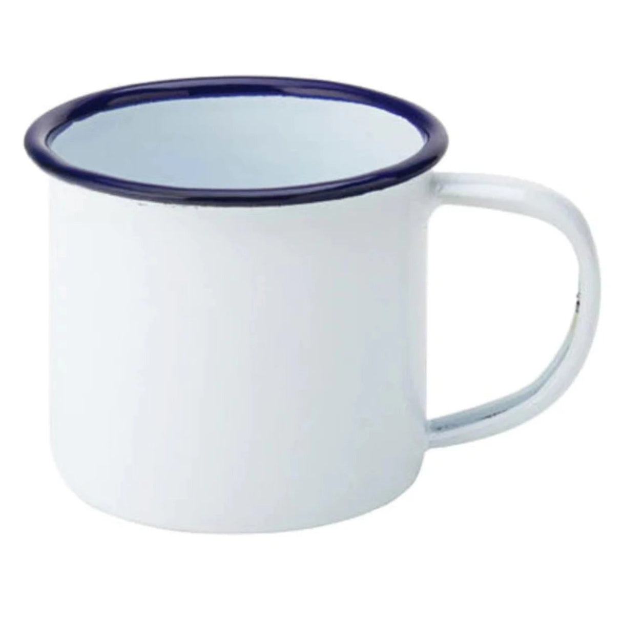 A white enamel mug with a blue rim and handle on the right side, isolated on a plain background.