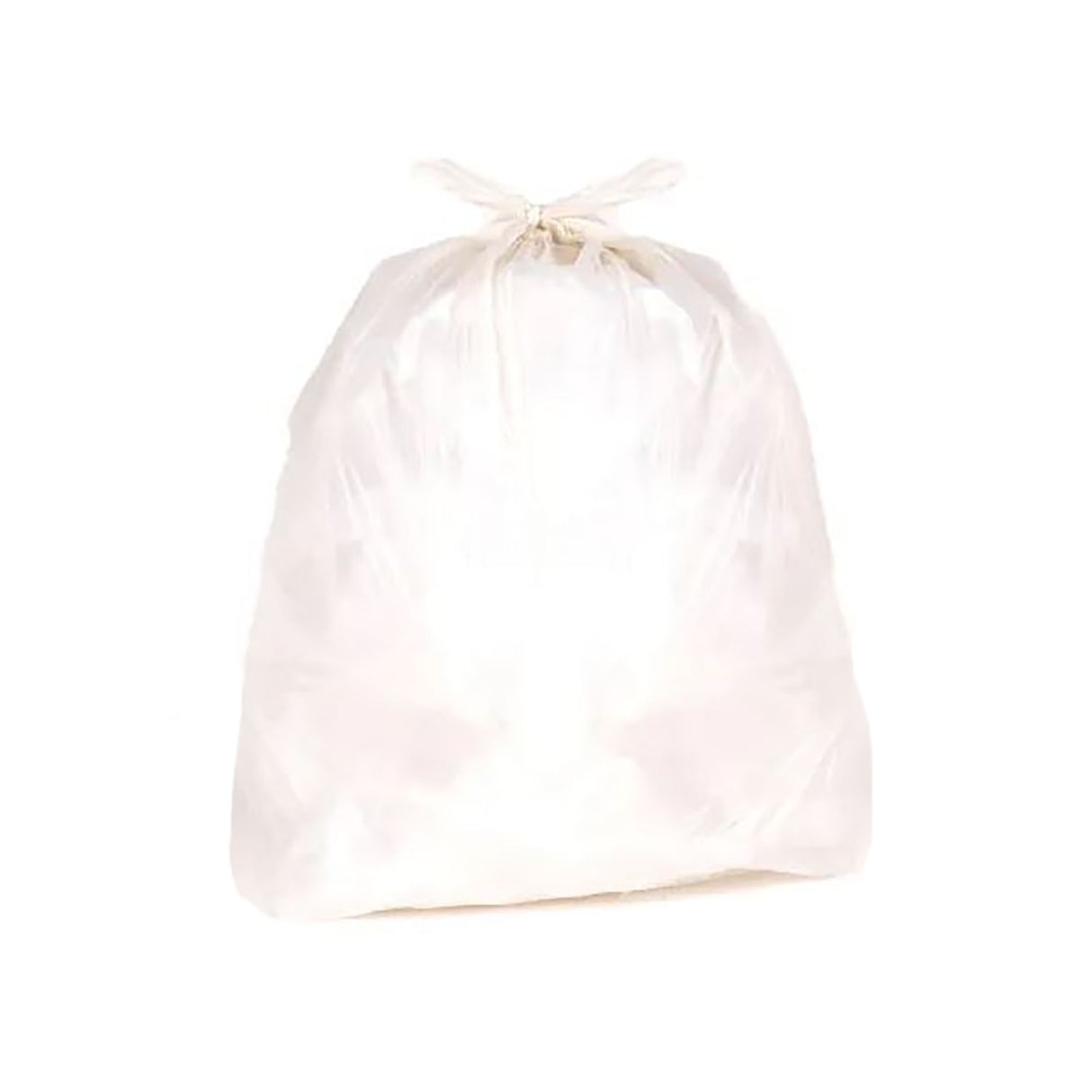 A clear, extra heavy duty garbage sack with a tie fastening at the top, made from recycled plastic.