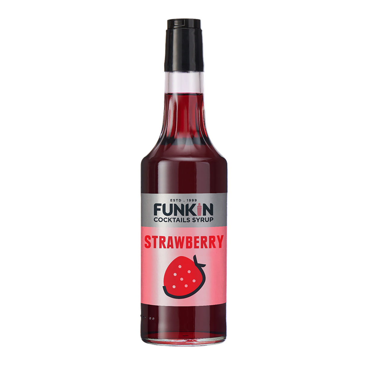 A bottle of Funkin Strawberry Syrup with a label showing a strawberry, indicating the flavor of the syrup.