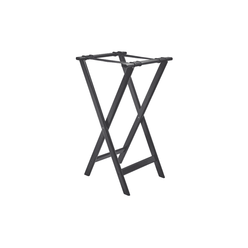 A black wooden foldable tray stand with a non-slip rubber grip.