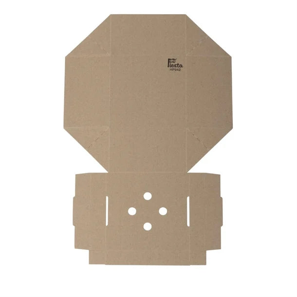 Cardboard pizza box template with 'Fiesta' branding on a white background
