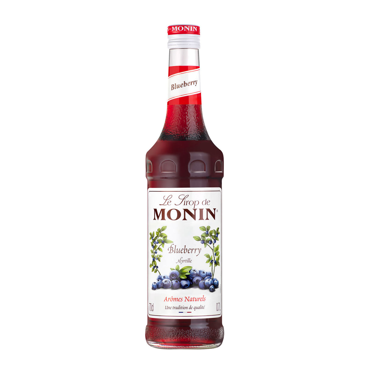 Monin blueberry syrup bottle on a white background