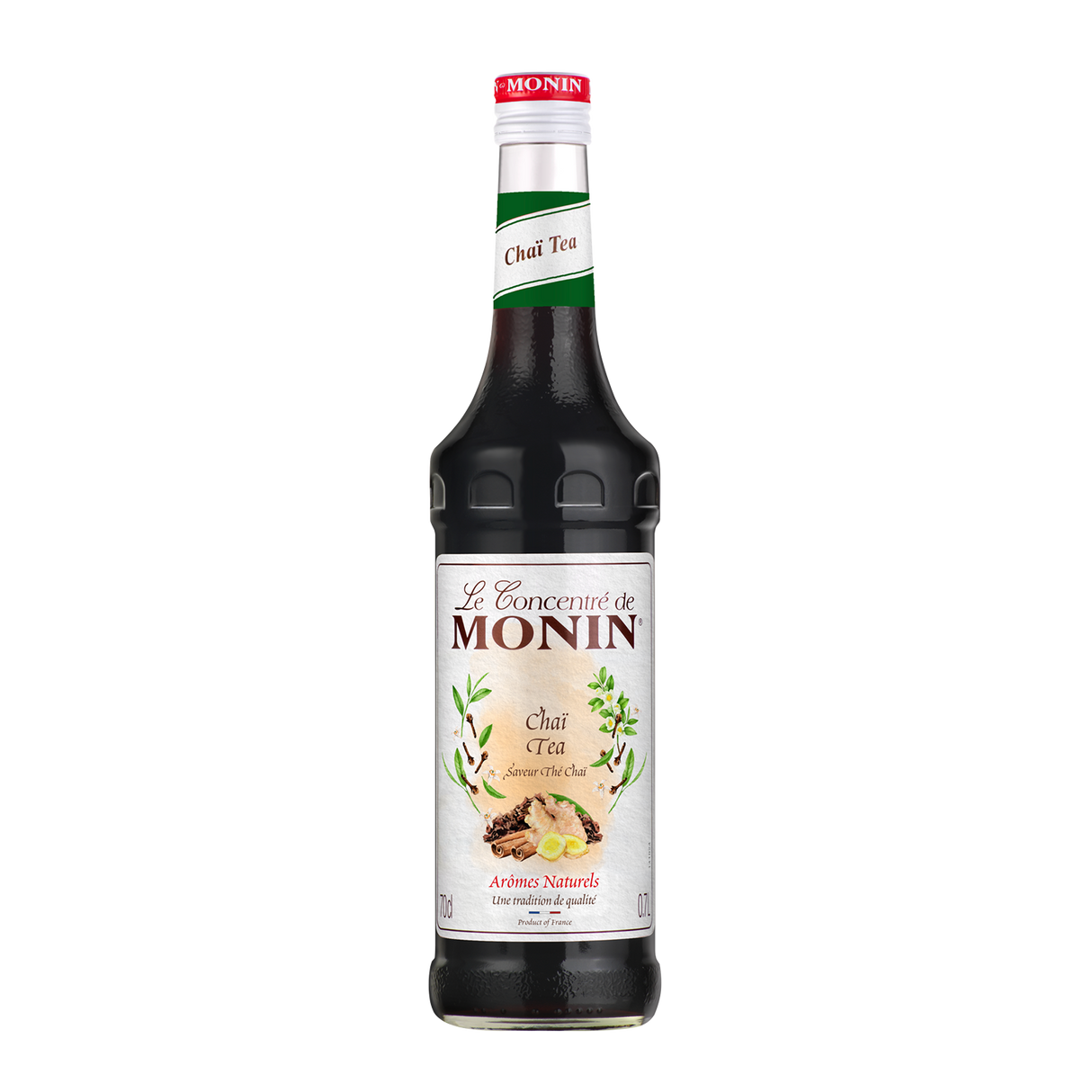 Monin Chai Tea syrup bottle on a white background