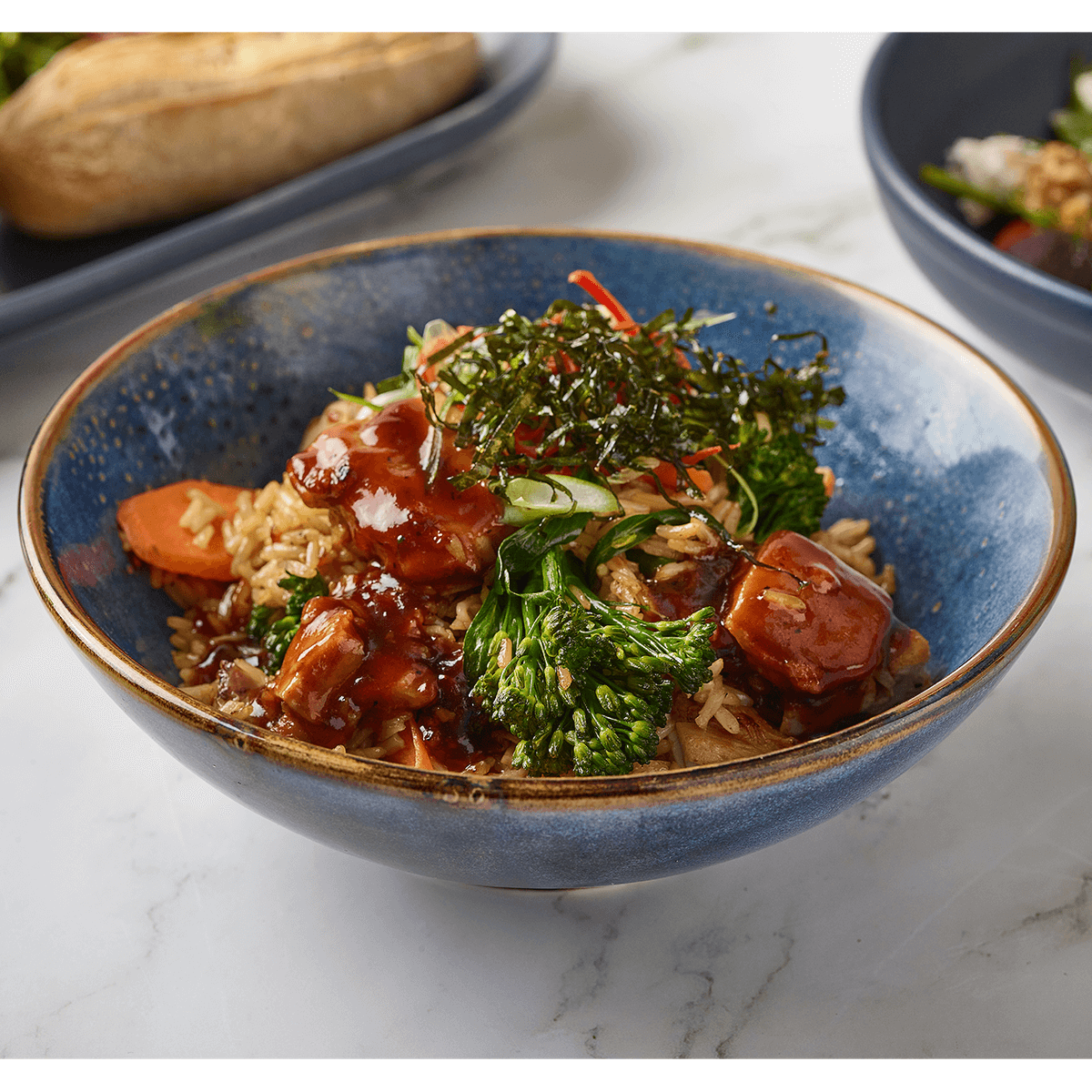 terra porcleain aqua blue bowl with rice and chicken