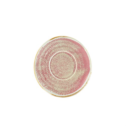 A pink and beige porcelain saucer with a rolled edge and a gold rim.