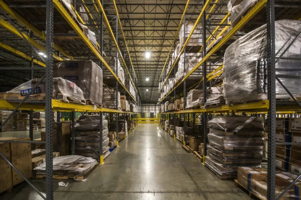 Warehouse interior with shelves stocked with boxes and pallets