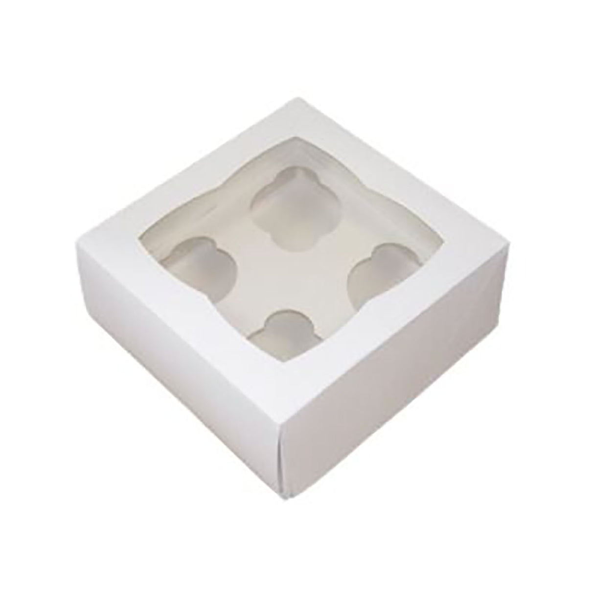 A white cardboard windowed cupcake box with 4 inserts, presented flat.
