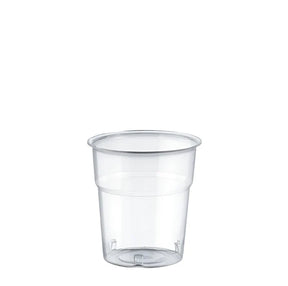 Clear plastic cup on a white background
