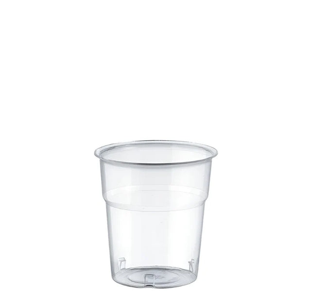 Clear plastic cup on a white background