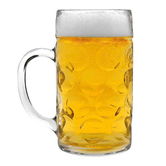 1.3 Litre Glass Beer Stein filled with drink on a white background 